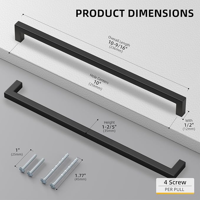 Goldenwarm 1 Pack Black Square Bar Cabinet Pull Drawer Handle Stainless Steel - Image 2