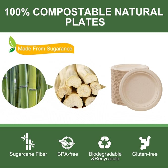 WELLIFE 100% Compostable Paper Plates 9 Inch, Biodegradable Bagasse, - Image 4