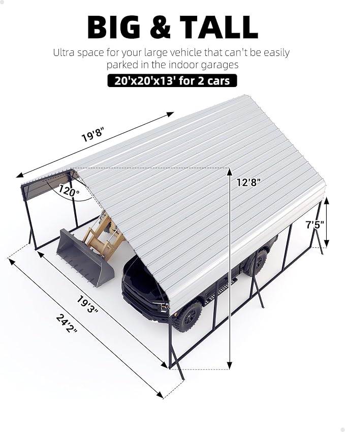 20'x20'x13' Metal Carport for 2 Cars, Heavy Duty Steel Frame for All Weather - Image 4