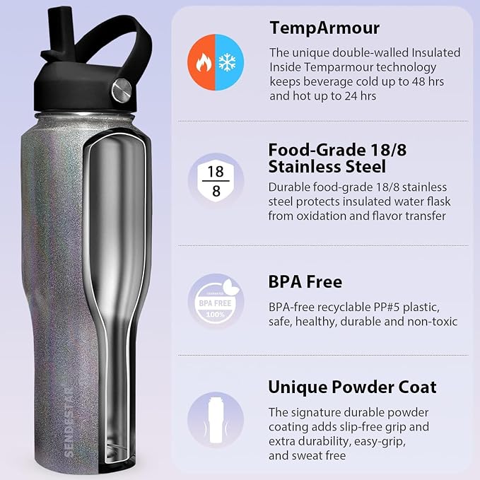 SENDESTAR 40oz Stainless Steel Water Bottle, Double Wall Vacuum Insulated Bottle - Image 3