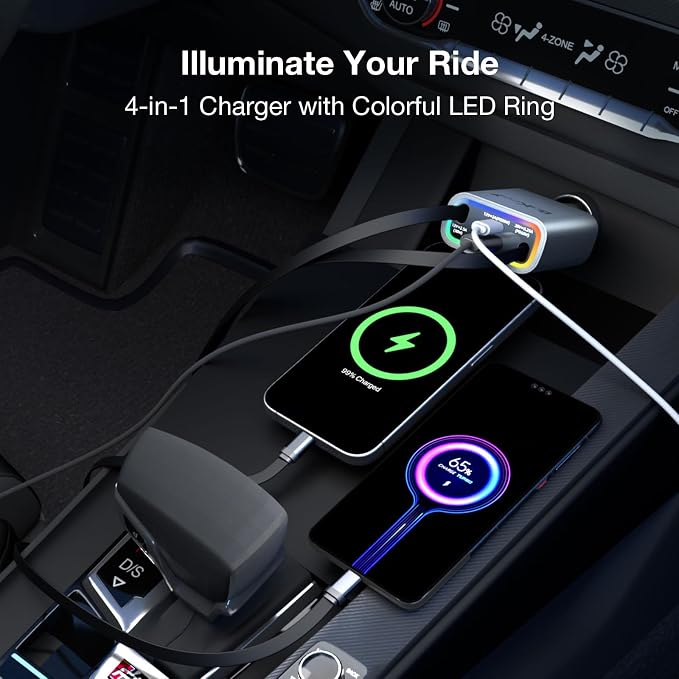 Retractable Car Charger 4 in 1, 131w Cigarette Lighter Adapter USB C, Type C - Image 4