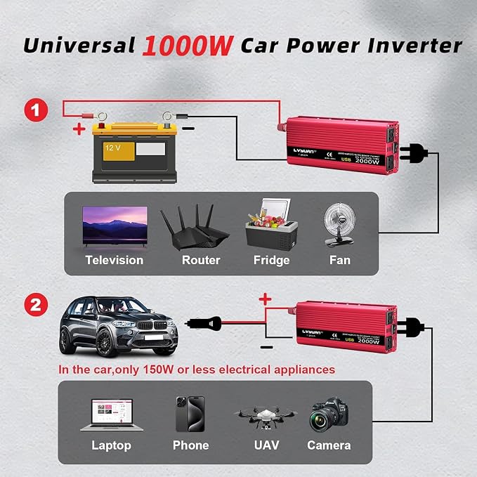 1000W Power Inverter 12V DC to 110V AC Car Plug Adapter Outlet Converter - Image 2