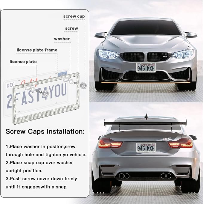 2 Pack License Plate Frames for Women, Sparkly Rhinestone Diamond Car - Image 2