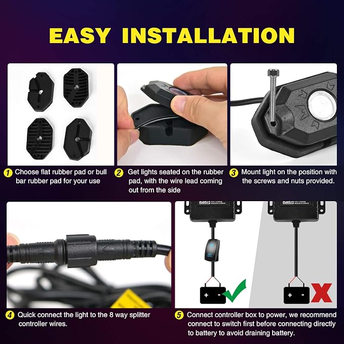 Nilight RGB LED Rock Lights Kit, 4 pods Underglow Multicolor Neon Light Pod - Image 6