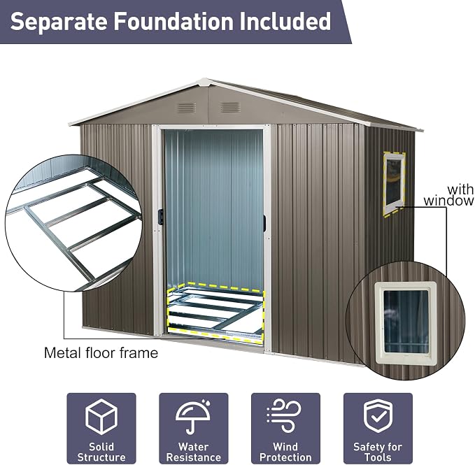 6x8 FT Outdoor Storage Shed, Metal Garden Shed - Image 4