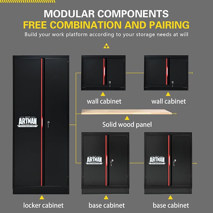 Garage Storage Cabinets System, 6-Pcs Workshop Cabinet Set in Black and Red - Image 3