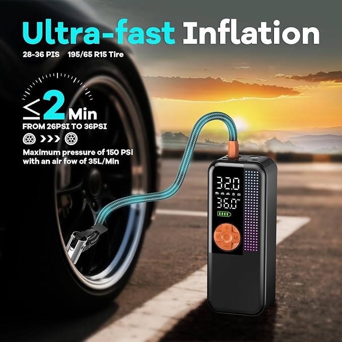 Portable Tire Inflator Air Compressor, 150 PSI Cordless Air Pump, 6000mAh - Image 3