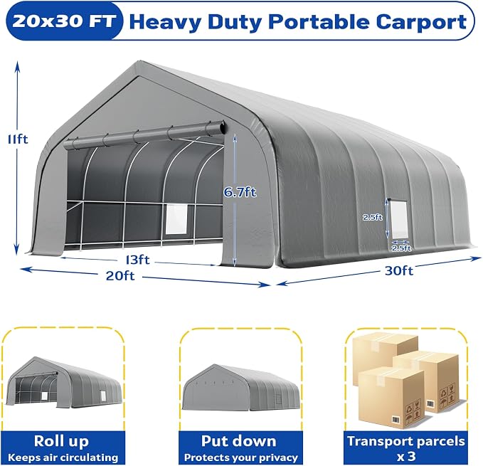 EROMMY 20x30 FT Heavy Duty Durable Carport, Galvanized Steel Frame Garage - Image 2