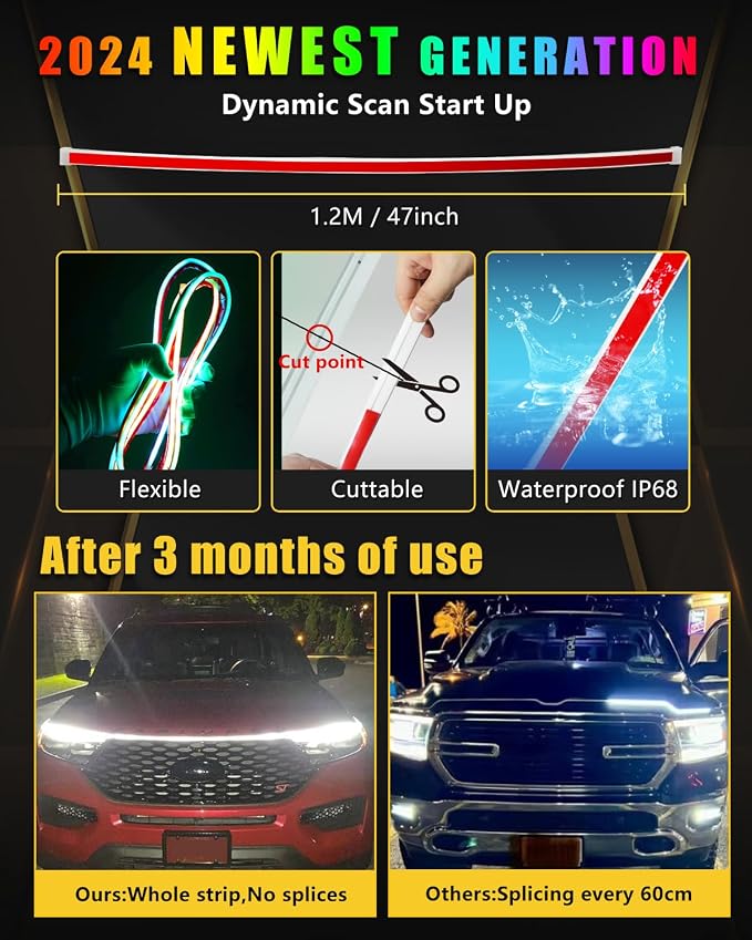 RGB Hood Light Strip with Sequential Turn Signal Indicator Function Waterproof - Image 3