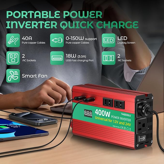 400W Power Inverter, DC 12V/24V to 110V AC Car Inverter - Image 3