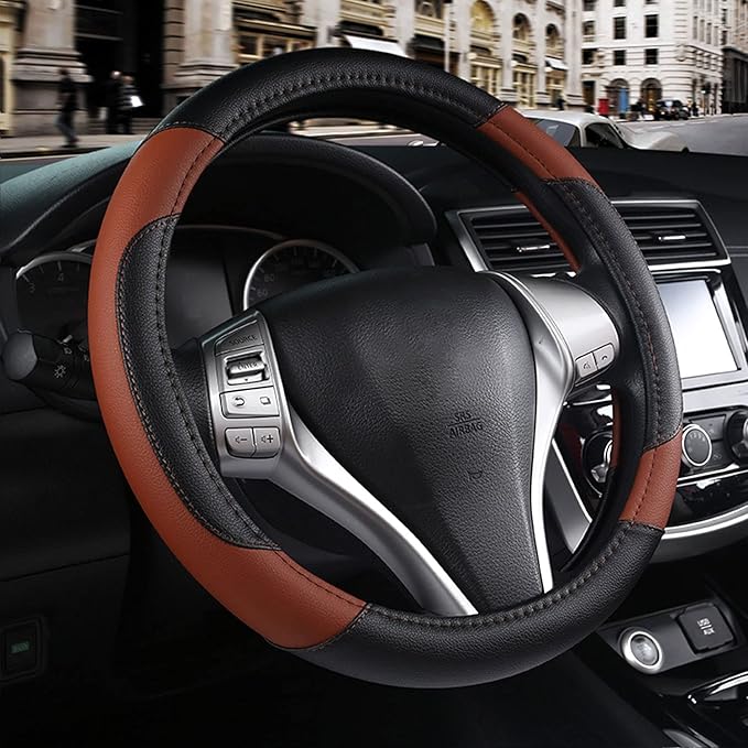 Leather Car Steering Wheel Cover, Non-Slip Car Wheel Cover Protector Breathable by Szttswamp