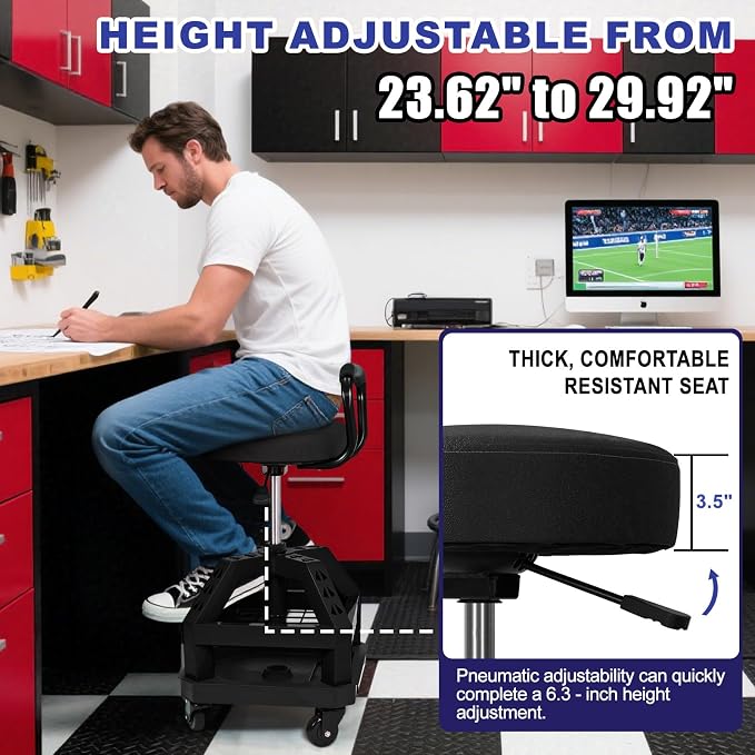 Rolling Shop Stool with Wheels, Heavy Duty Garage Work Mechanic Stool with - Image 4