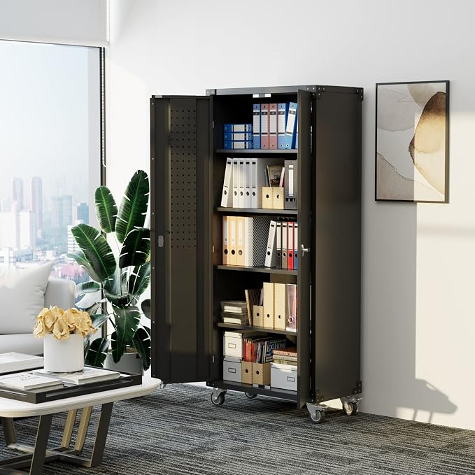 72" Metal Storage Cabinet with Wheels and Pegboard, Lockable Rolling Steel - Image 4