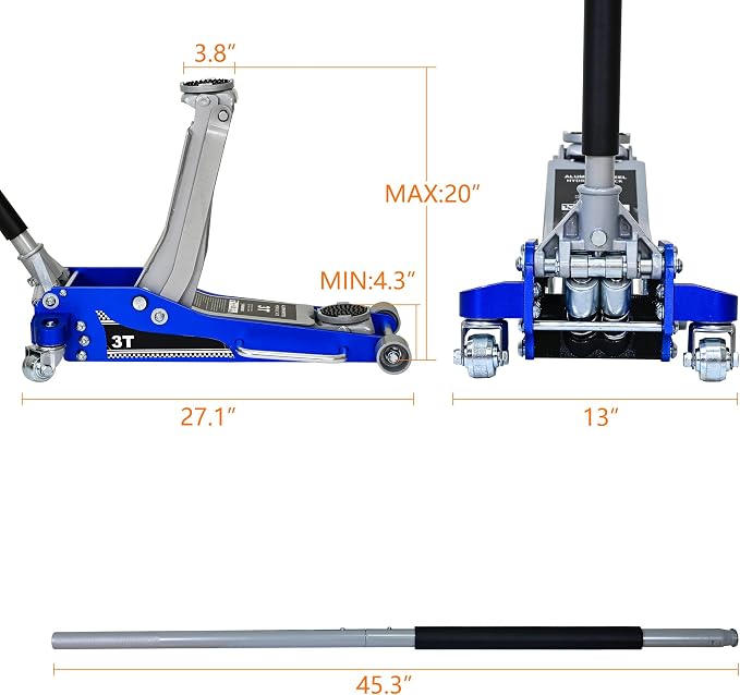 Aluminum Steel Hydraulic Floor Jack 3Ton/6600lbs.Dual Piston Fast Lifting - Image 5