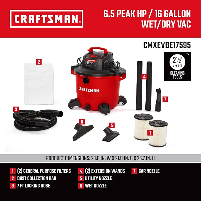 CRAFTSMAN CMXEVBE17595 16 Gallon 6.5 Peak HP Wet/Dry Vac, Heavy-Duty Shop Vacuum - Image 3