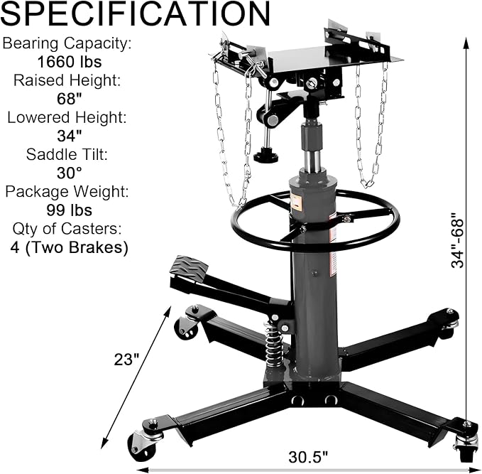 Transmission Jack 1660 lbs/ 0.75 Ton Capacity Hydraulic Telescopic Transmission - Image 6