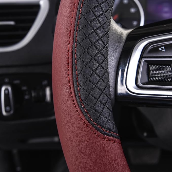 CAR PASS Rhombus Leather Universal Steering Wheel Cover, Fit - Image 4