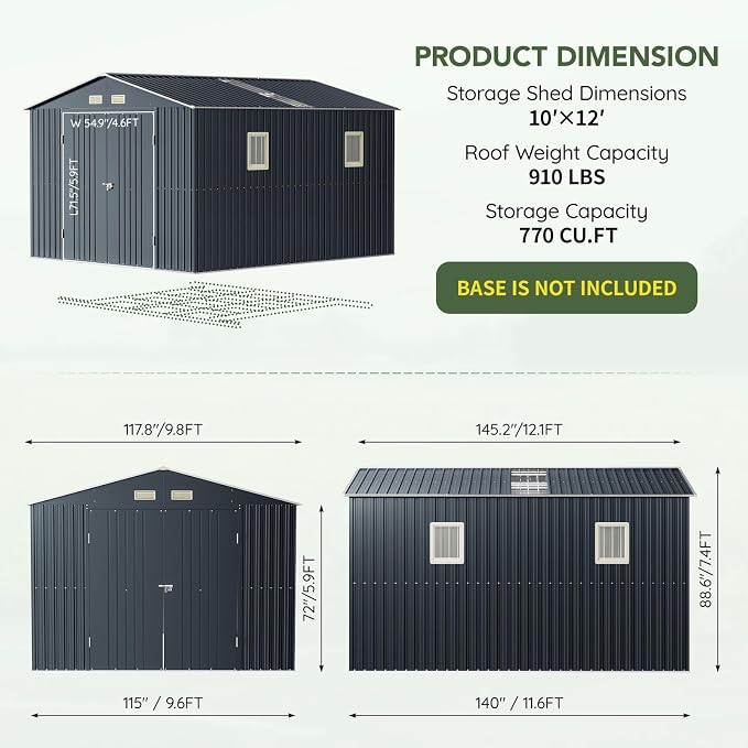 10x12 FT Outdoor Metal Storage Shed, Double Swing Doors, 2 Clear Windows - Image 2