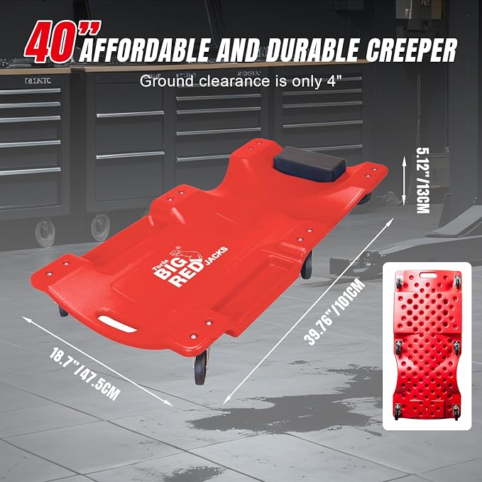 Big RED Plastic Rolling Garage/Shop Creeper: Dual Tool Trays and 6 Casters - Image 2