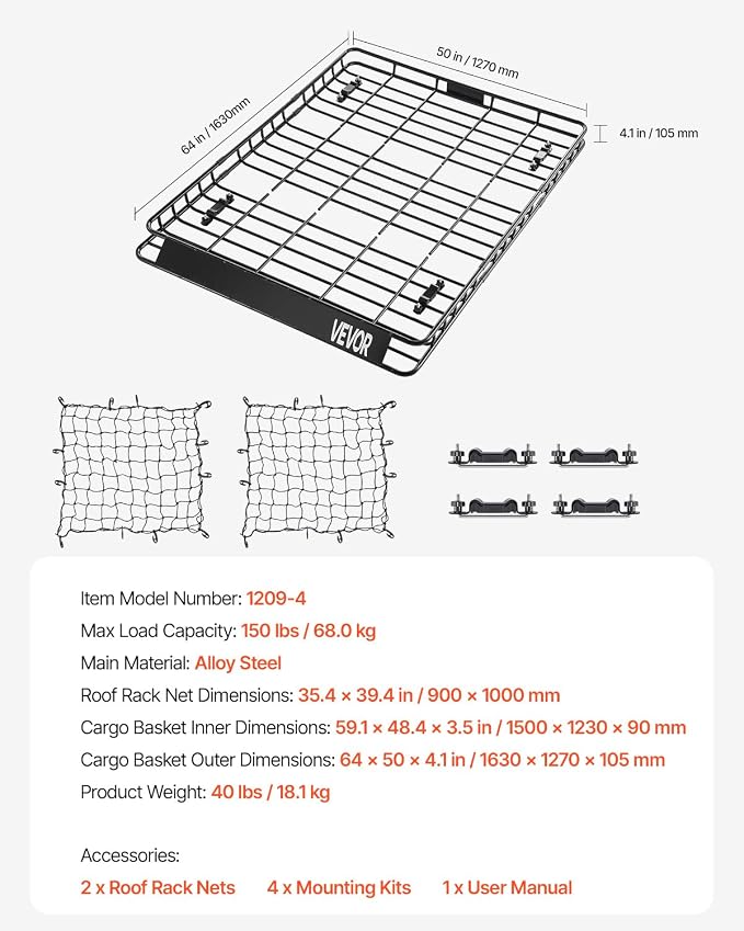 VEVOR Roof Rack Basket, Universal Rooftop Cargo Carrier - Image 7