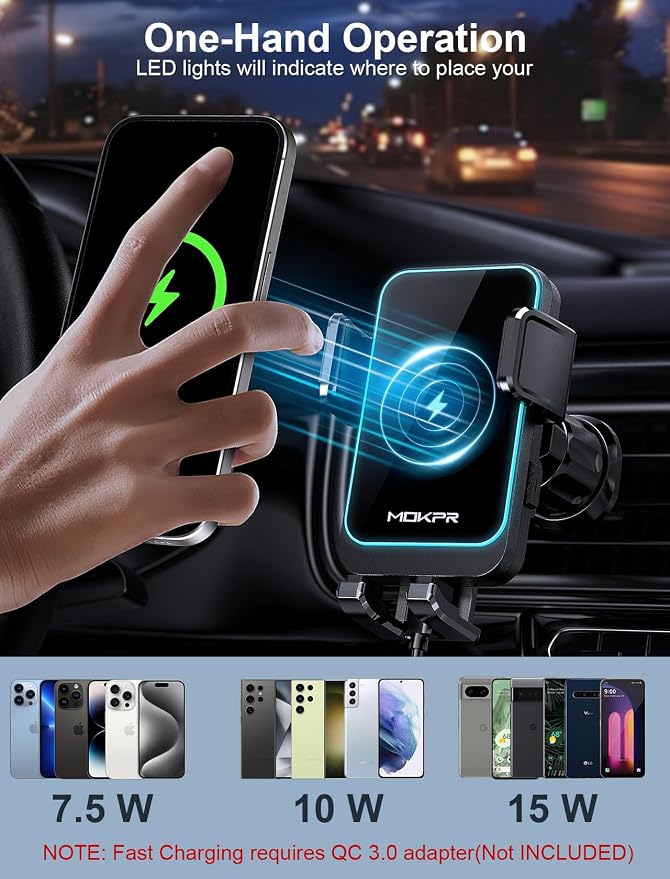 Wireless Car Charger, MOKPR 15W Fast Charging Auto Clamping Dashboard - Image 5