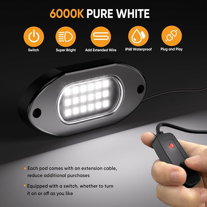 Honalia White LED Rock Lights Kits 6 Pods, 6000K Pure White Rock Lights - Image 2