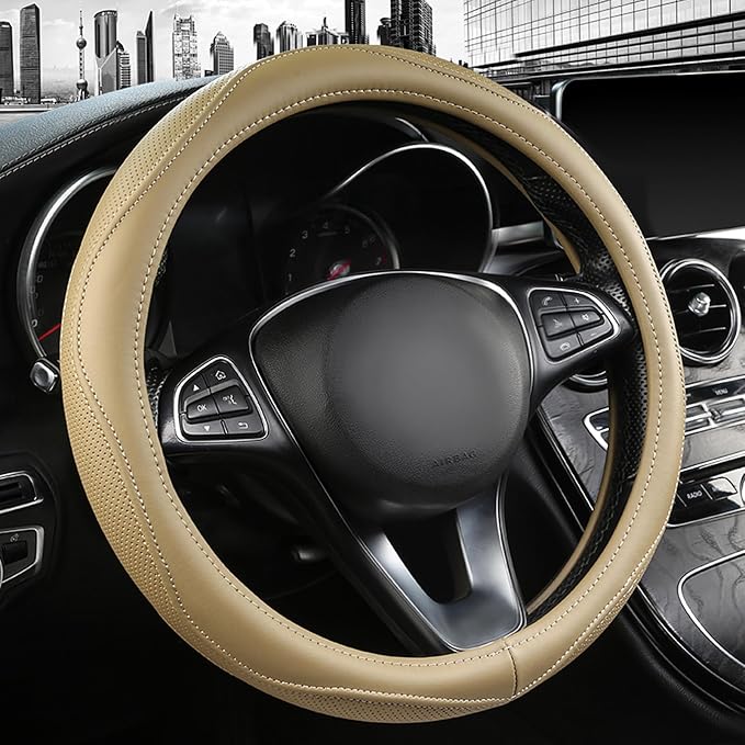 High-Grade Beige Genuine Leather Steering Wheel Cover by PJBTVZ