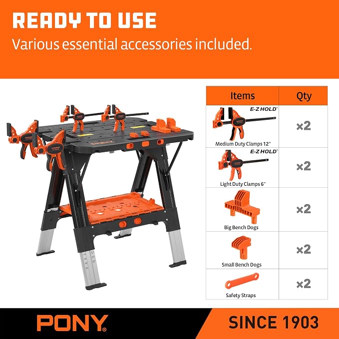 Pony Portable Folding Work Table, 2-in-1 as Sawhorse & Workbench, 31” W×25” - Image 4