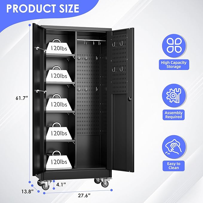 Garage Storage Cabinet with Wheels, 61.7" H Broom Closet Storage Cabinet with - Image 3