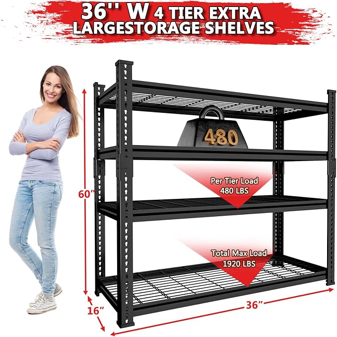 Storage Shelves 2PCS, Garage Shelving Heavy Duty 1920LBS Capacity, 4 Tier - Image 3