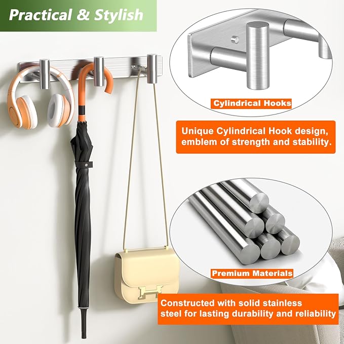 Wall Mounted Coat Rack-3 Hooks, Heavy Duty Stainless Steel Hook Rail - Image 4