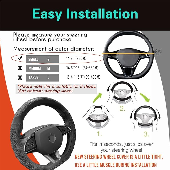 PINCTROT D Shaped 14 Inch Small Sized Steering Wheel Cover Great Grip - Image 6