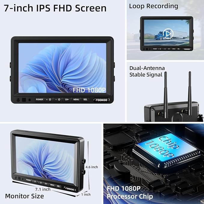 Fookoo HD Magnetic Wireless Backup Camera, 1080P 7" Dual Split Monitor & - Image 4