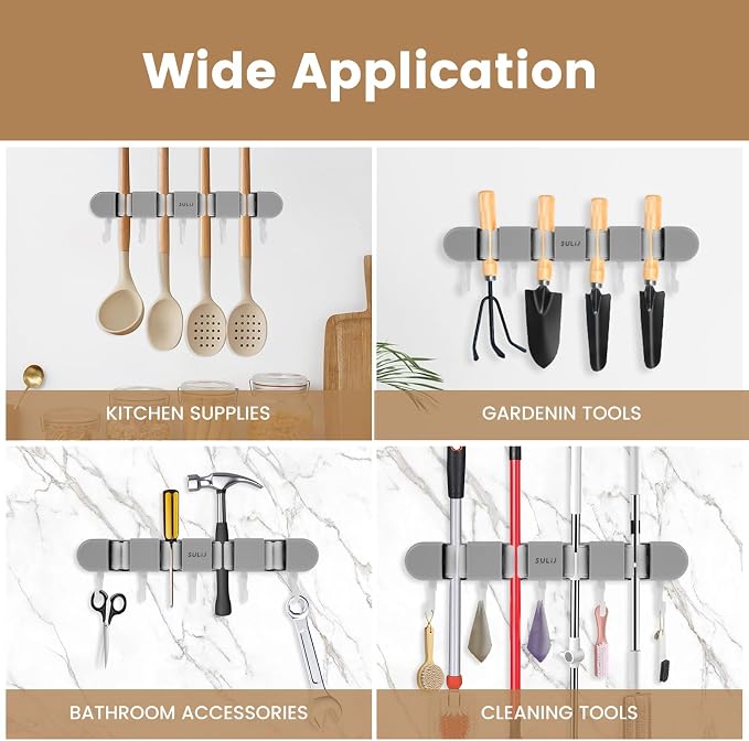 2Pcs Broom Mop Holder with Hooks Wall Mounted Broom Storage Rack No Drilling - Image 2