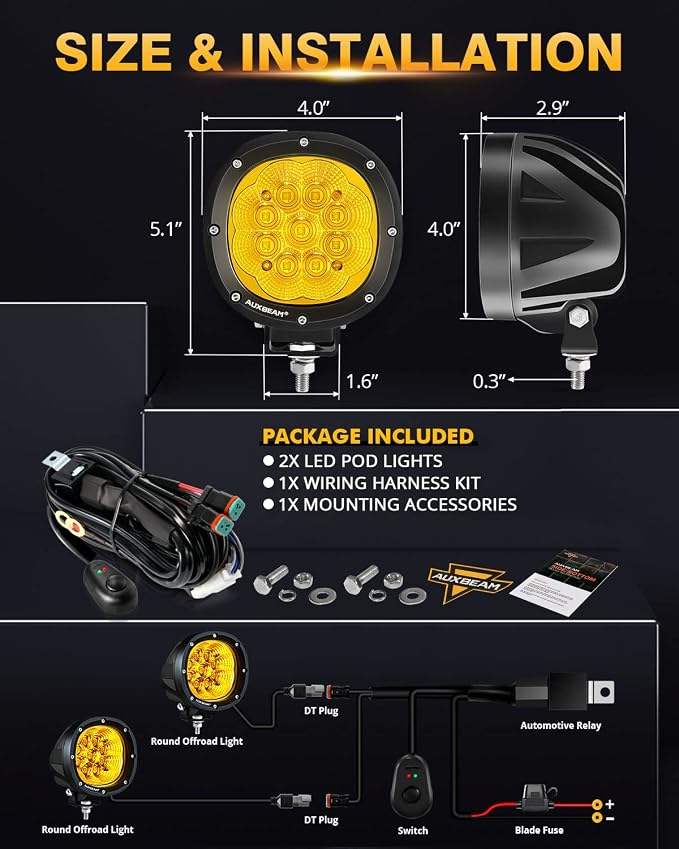 Auxbeam P4 Series Flood Beam Amber Round Light Pods, 4 Inch 90W Yellow Flood - Image 5