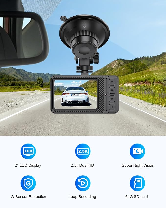 Dash Cam Front and Rear, 2.5K+1080P Dual Dash Camera - Image 2