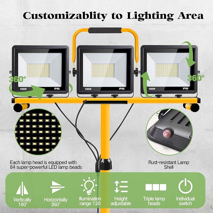 21000 Lumen Work Lights with Stand, 3 Adjustable Head LED Work Light，Foldable - Image 3