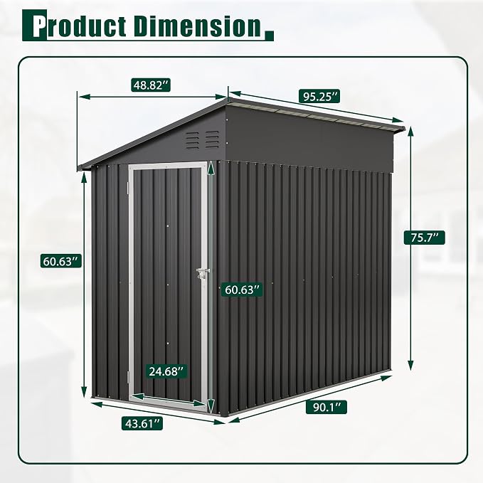 4x8 FT Outdoor Storage Shed, Lean to Metal Shed W/Floor Included, Garden - Image 3