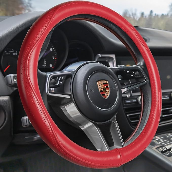 HAOKAY Top Grade Red Genuine Leather Steering Wheel Cover Women, Luxury by HAOKAYAUTOPRODUCTS