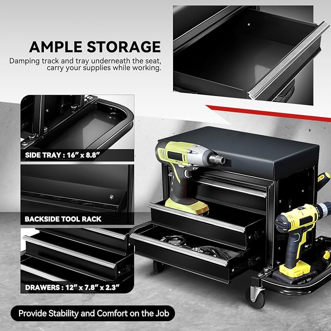 Auto Dynasty 3-Drawer Mechanic Rolling Seat, 350 LBS Capacity Roller Garage - Image 3