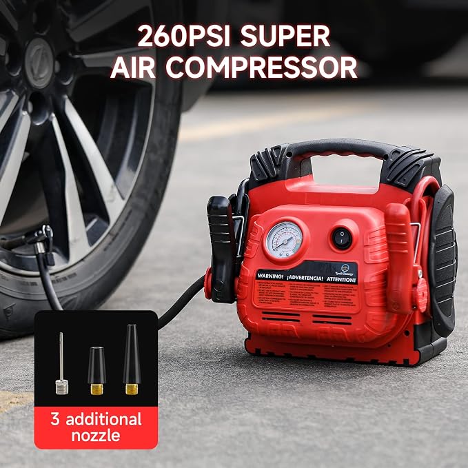 Car Battery Jump Starter with Air Compressor Portable Tire Inflator, 260PSI - Image 3