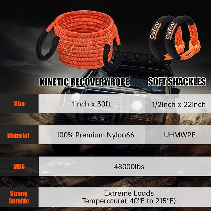 1" × 30ft Kinetic Recovery Tow Rope, Heavy Duty Offroad Towing Straps Kit - Image 4