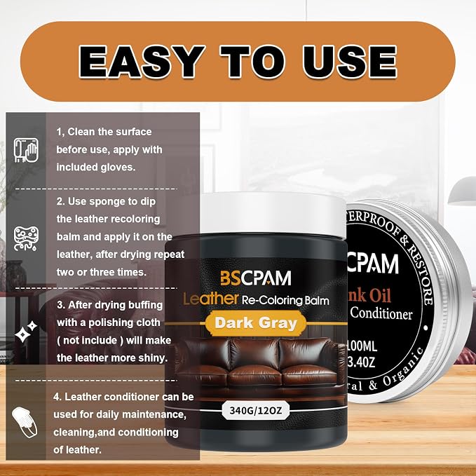 12oz Leather Recoloring Balm & 3.4oz Mink Oil Leather Conditioner kit, Dark - Image 5