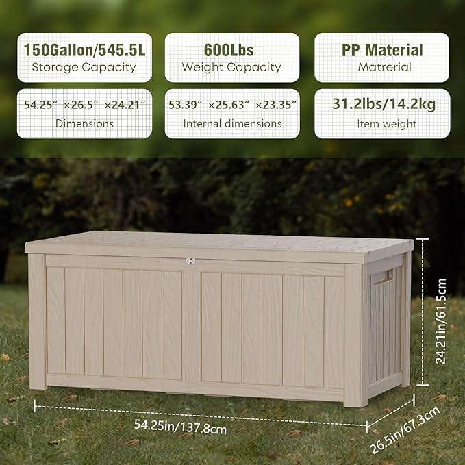 150 Gallon Resin Deck Box, Waterproof Outdoor Storage Bin - Image 3