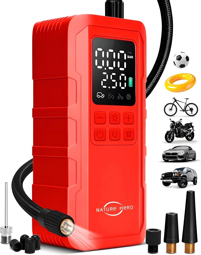 Tire Inflator Portable Air Compressor, 150 PSI car tire air Pump Portable by NATUREHERO