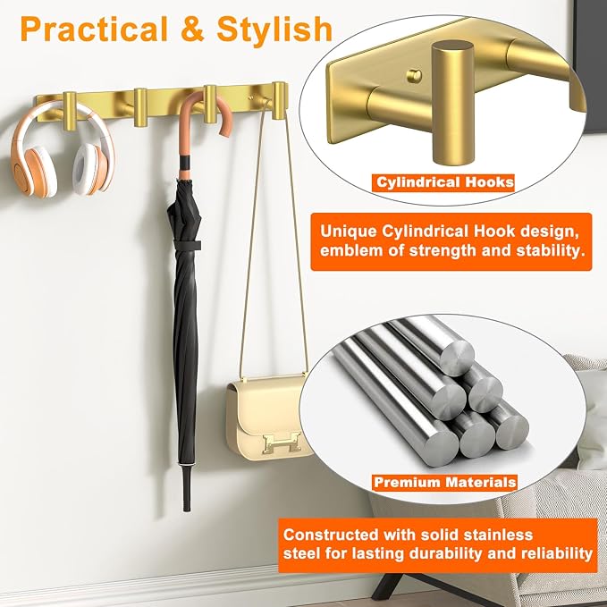 Wall Mounted Coat Rack-4 Hooks, Heavy Duty Stainless Steel Hook Rail - Image 4
