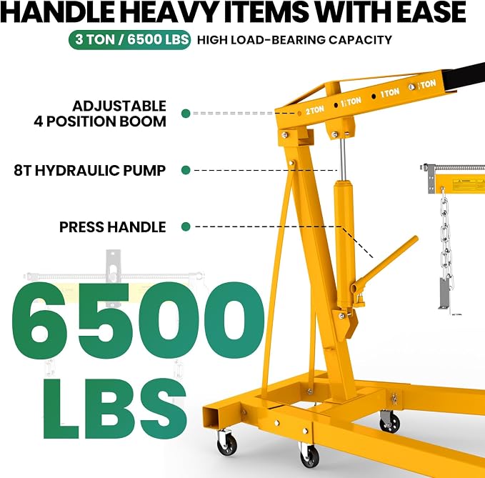 3 Ton Engine Hoist, Folding Hydraulic Cherry Picker Engine Lift, 6500LBS Alloy - Image 3
