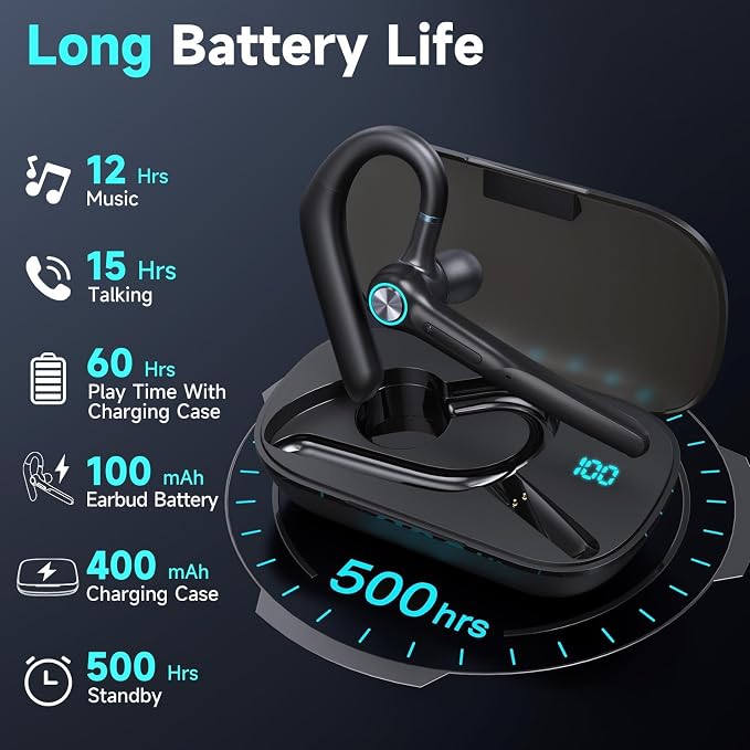 Bluetooth Headset Wireless Earpiece 60Hrs Playback Built-in Dual Mic Noise - Image 2