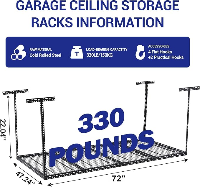 Overhead Garage Storage Rack 4x6 FT, Steel Ceiling Shelves 330lb Capacity - Image 2