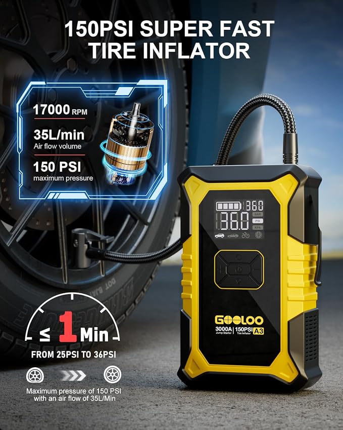 GOOLOO A3 Jump Starter with Air Compressor, 3000A Portable Car Battery Jumper - Image 3